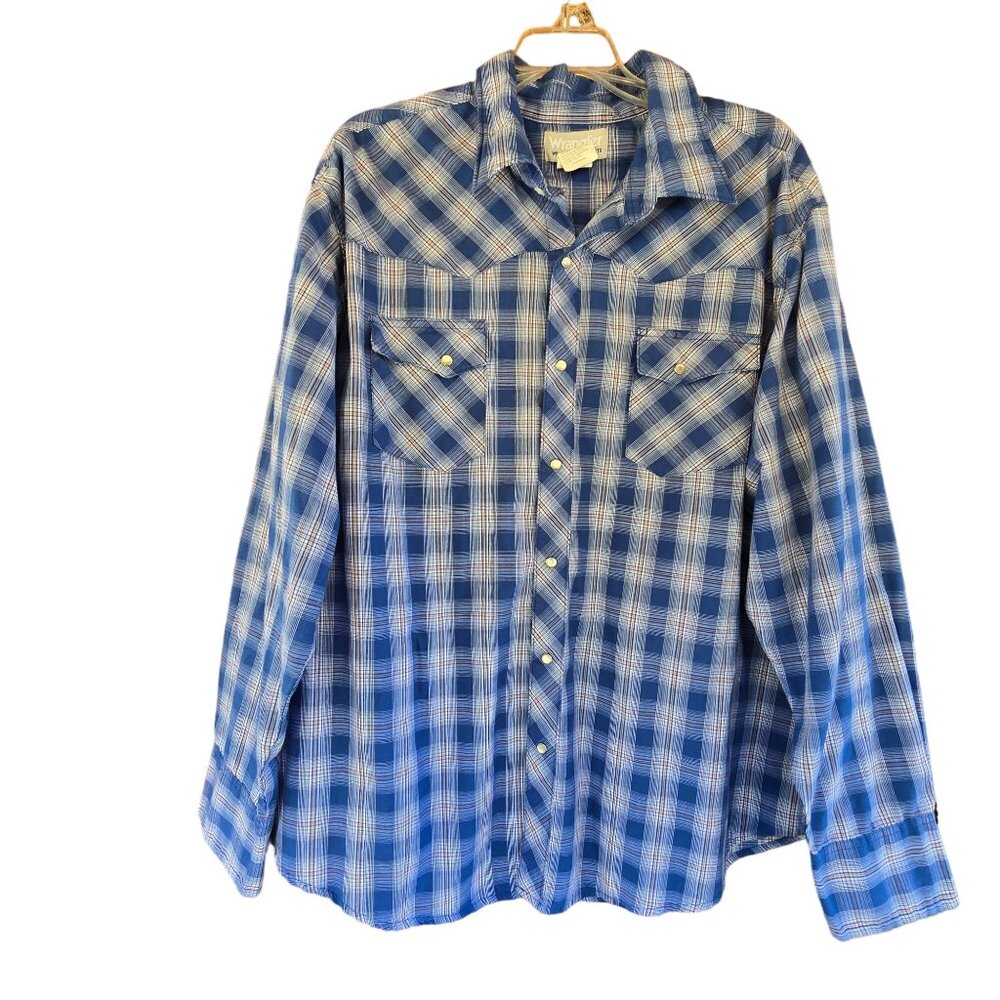 Wrangler‎ Mens Blue Plaid Long Sleeve Shirt XXL 55% Cotton 45% Polyester Western